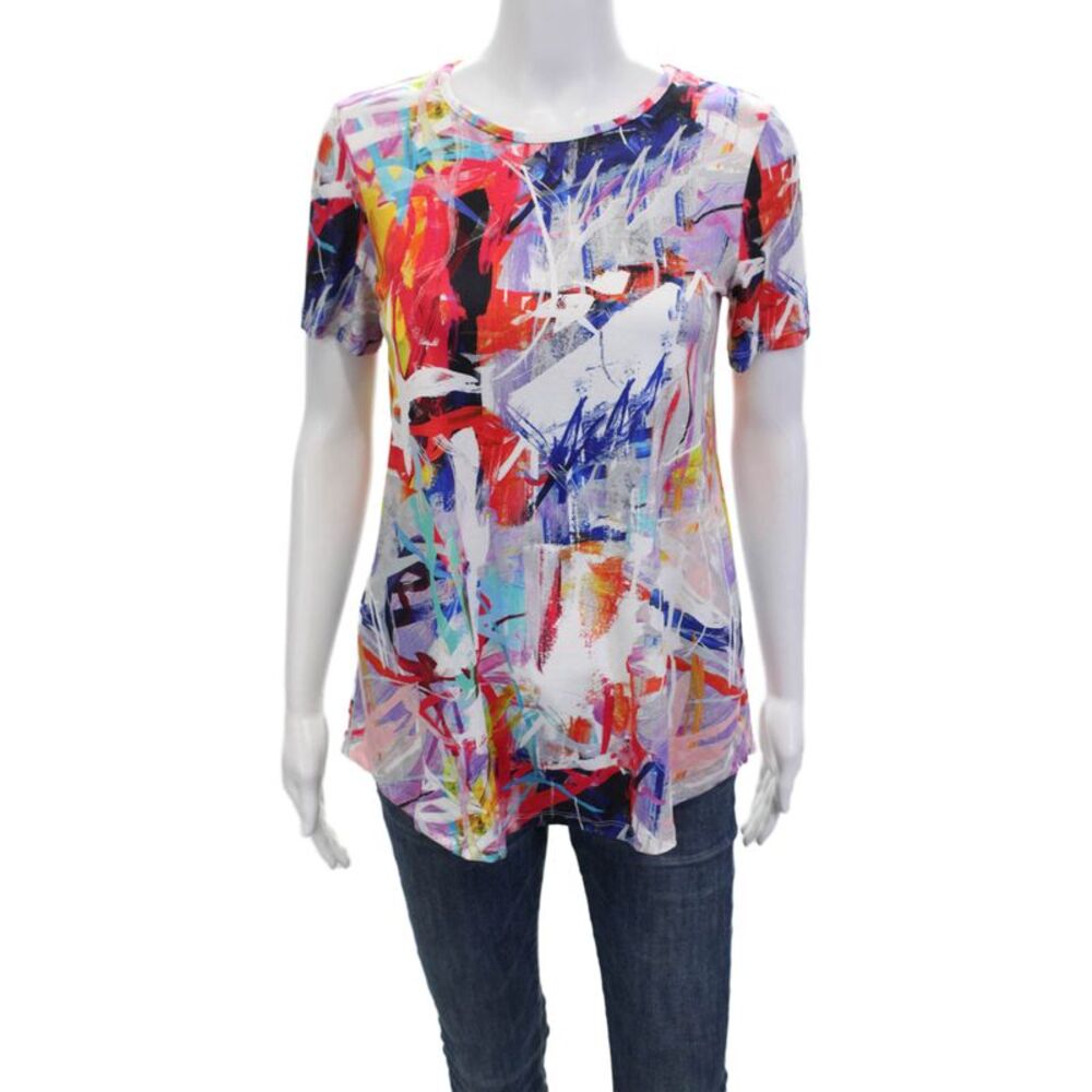 Pure Essence Womens Tunic Graphic Print Round Neck Short Sleeve Black Size L